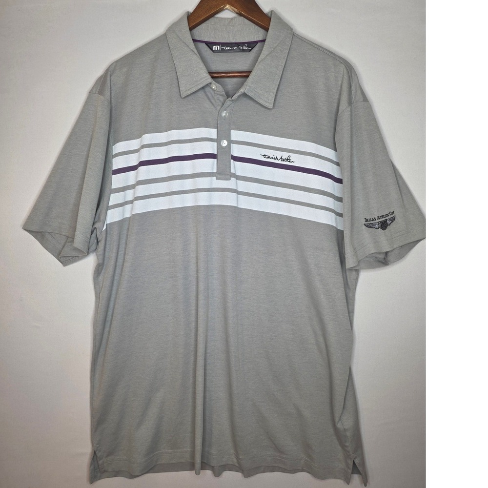 Travis Mathew Polo Gray white and purple XXL Logo on Sleeve Dallas Athletic Club - Picture 2 of 9